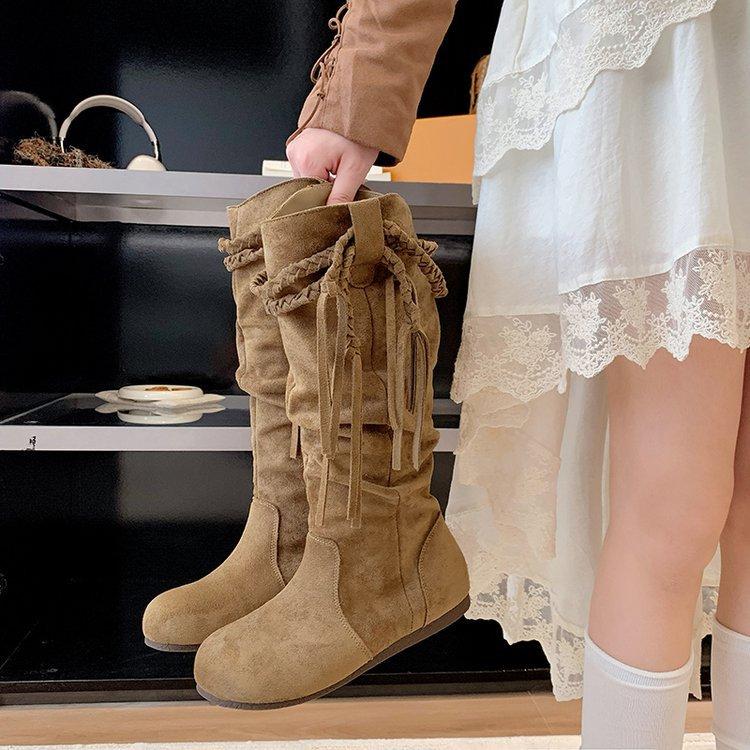 Cowhide Version~ Retro Wasteland Fringed Knight Boots Thick Heel But Knee Long Boots Slim Pile Medium Boots Women