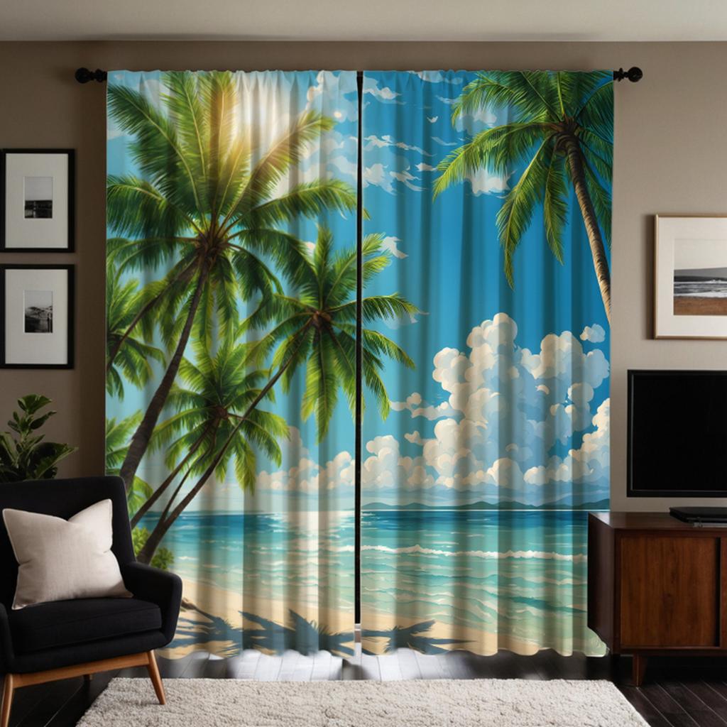 2pcs HD Aegean Sea View Coconut Tree Decorative Curtain Green Tie Digital Printed Curtain Home Decoration Style Decoration Li