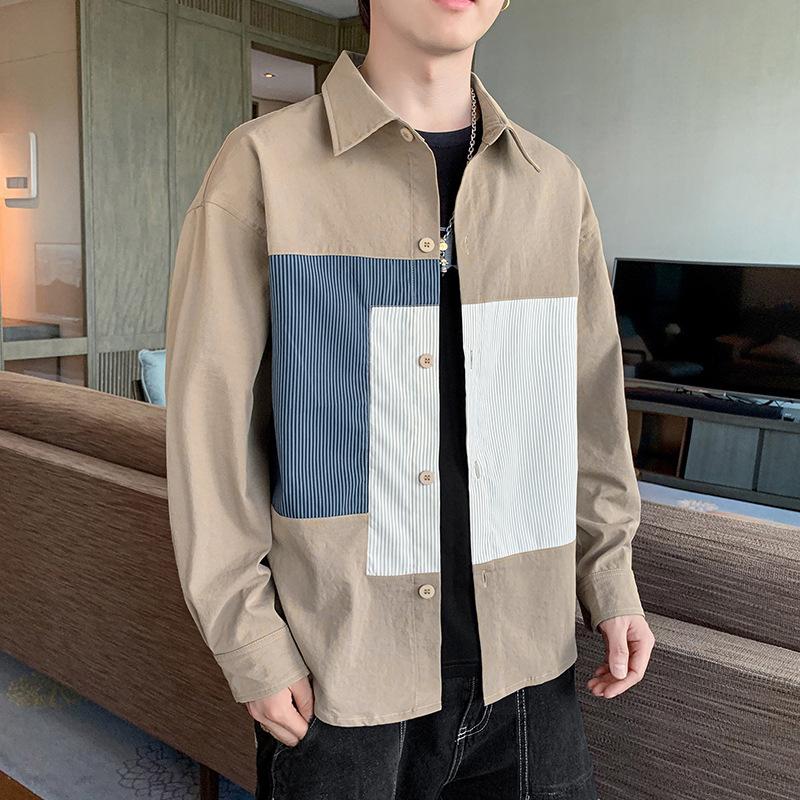 Men's Black Patchwork Striped Shirt, Casual Long Sleeve Button Down Color Block Top for Daily Wear