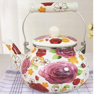 2.5 Quart Vintage Enamel Tea Kettle Green Floral Enamel on Steel Teapot with Handle for Stovetop Home Afternoon Tea Set Kettle