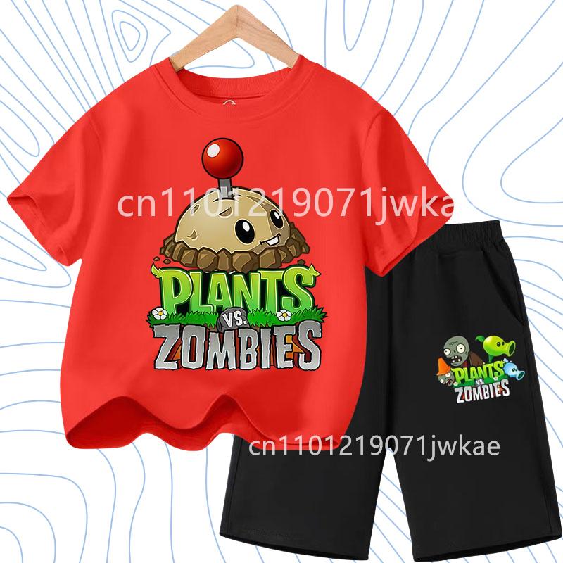 Kids Street Fashion Boys Girls T Shirt Set Plants Vs Zombies Cute Print 2026 Summer Casual Daily Wear 3-12 Age Shirt Suit