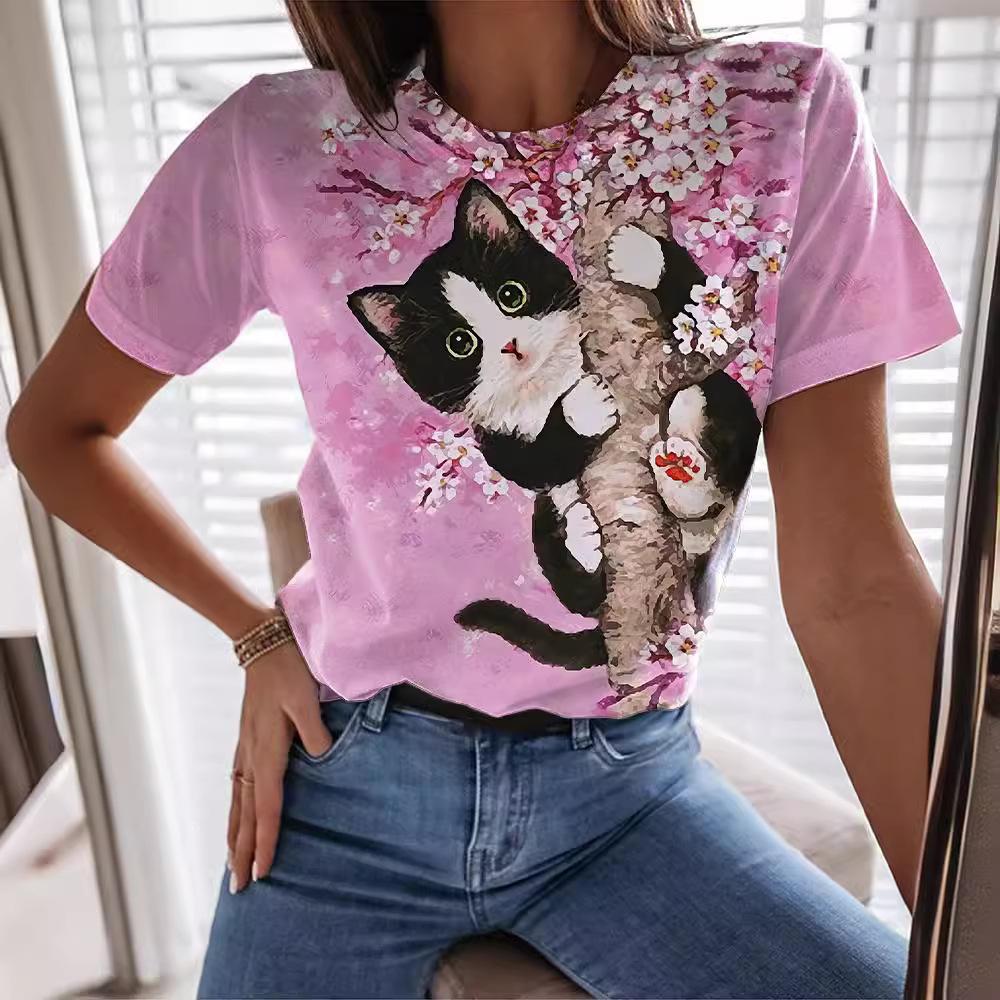 Animal Series 3D Digital Printed Men's and Women's Short Sleeved T-shirt Blue Cat Beautiful and Cute Round Neck T-shirt