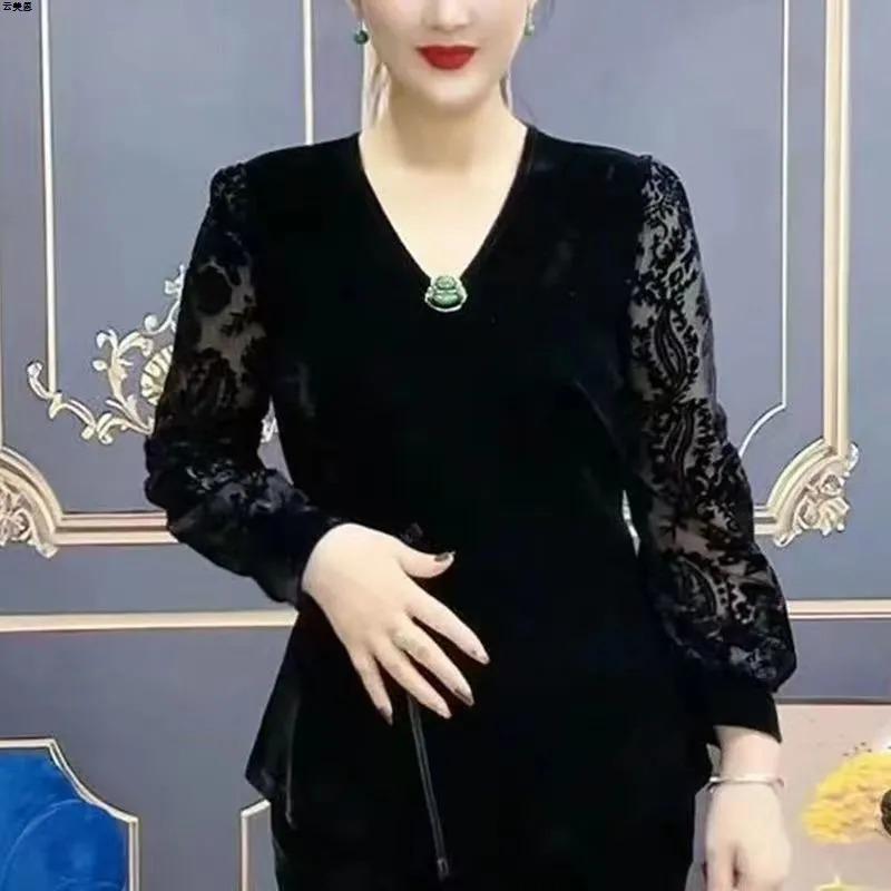 Top Stil Occidental, Bluză de Bază Catifea Aurie Stil Național Bluză de Bază Dantelă cu Mânecă Lungă