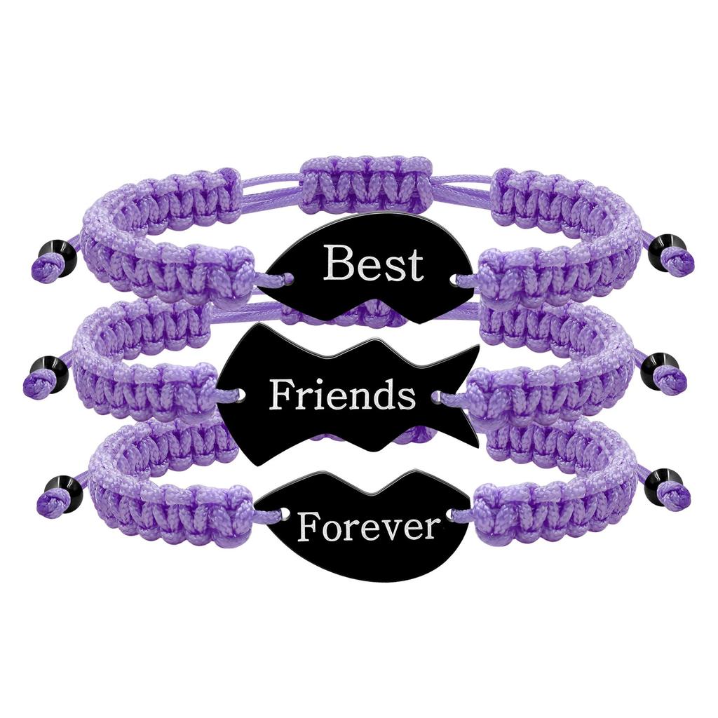 3-Piece Multicolor Puzzle Heart Best Friends Bangle Set, Titanium Steel Engraved
