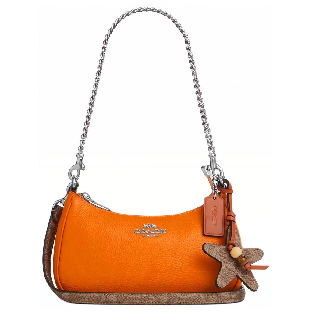 Coach Teri Shoulder Bag with Starfish Charm, Bright Orange Pebbled Leather Signature Canvas Trim Silver Hardware, Women's Daily Travel CBG79-SVY2H