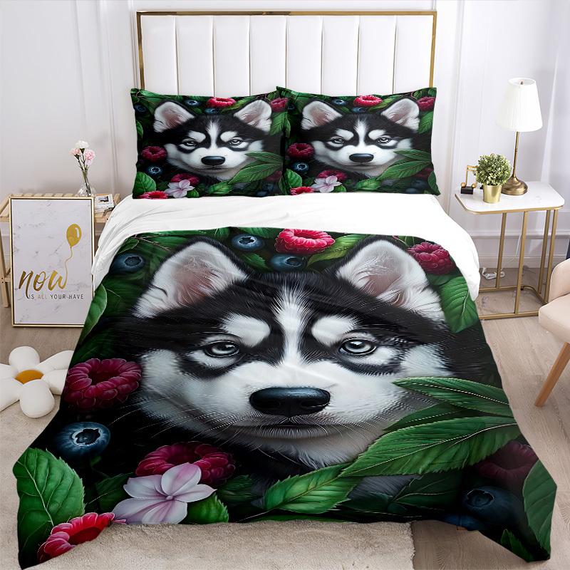 3pcs Husky and Flowers Duvet Cover Set -Includes 1 Duvet Cover and 2 Pillowcases, No Quilt Core, All-Season Home Decor yy251111104