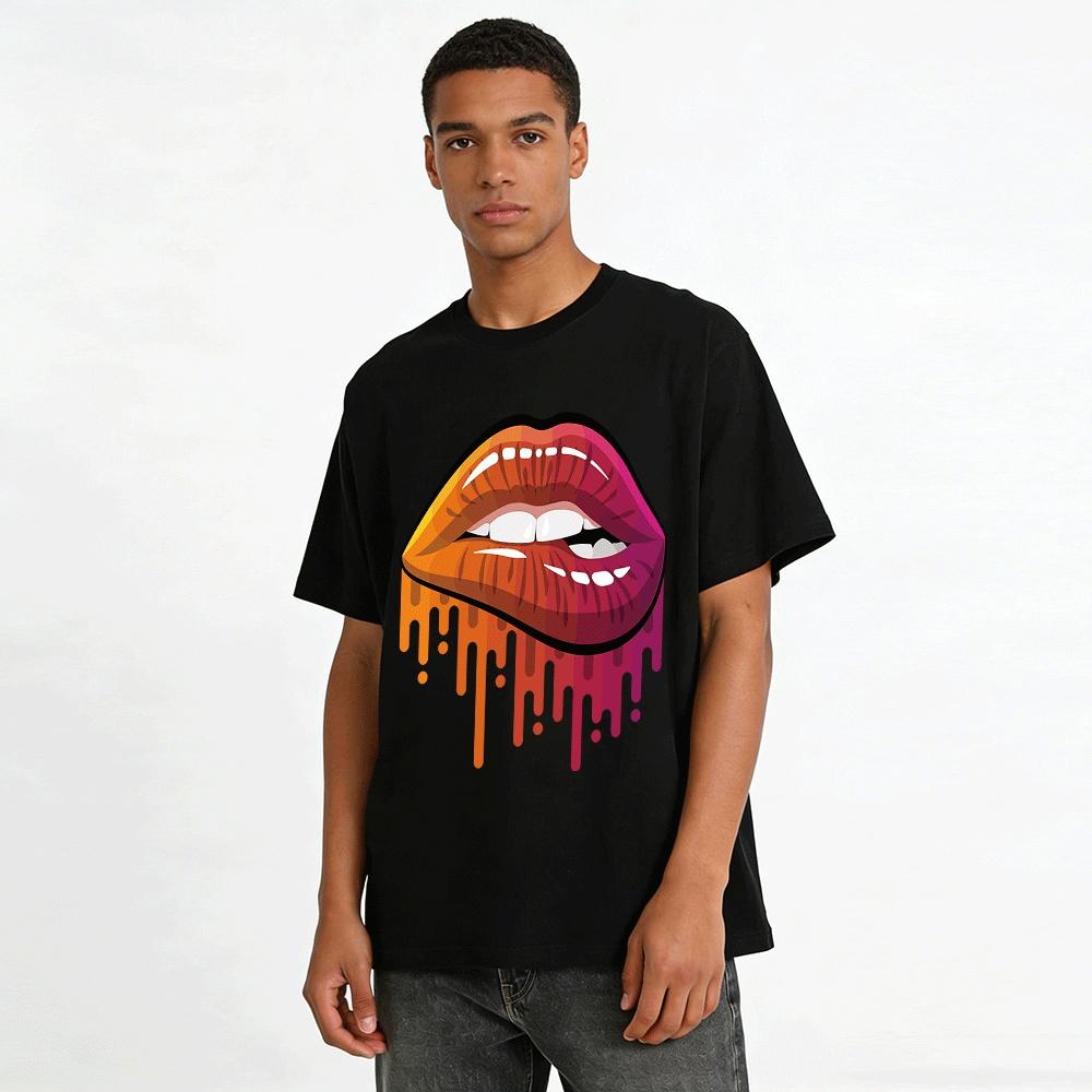 Gradient Fluid Lip Print Cool Street Style Casual Short Sleeve T-Shirt Pure Cotton T-shirt