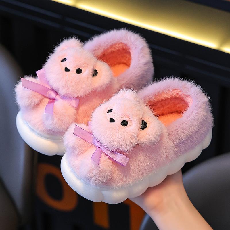 Children's Cotton Slippers Women's Winter Velvet Thickened Warm Soft Sole Non-slip Cartoon Bear Fluffy Shoes Parent-child