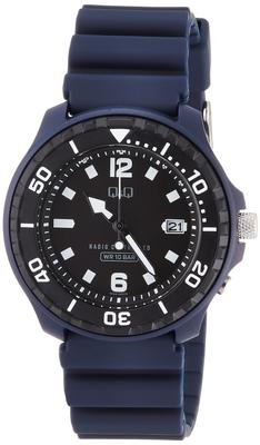 Montre-bracelet pour homme Citizen Analogique Solaire Date Uréthane Marine Q&Q, Radiocommandée, Alimentée, Étanche, Affichage, Bracelet, D02A-002VK,