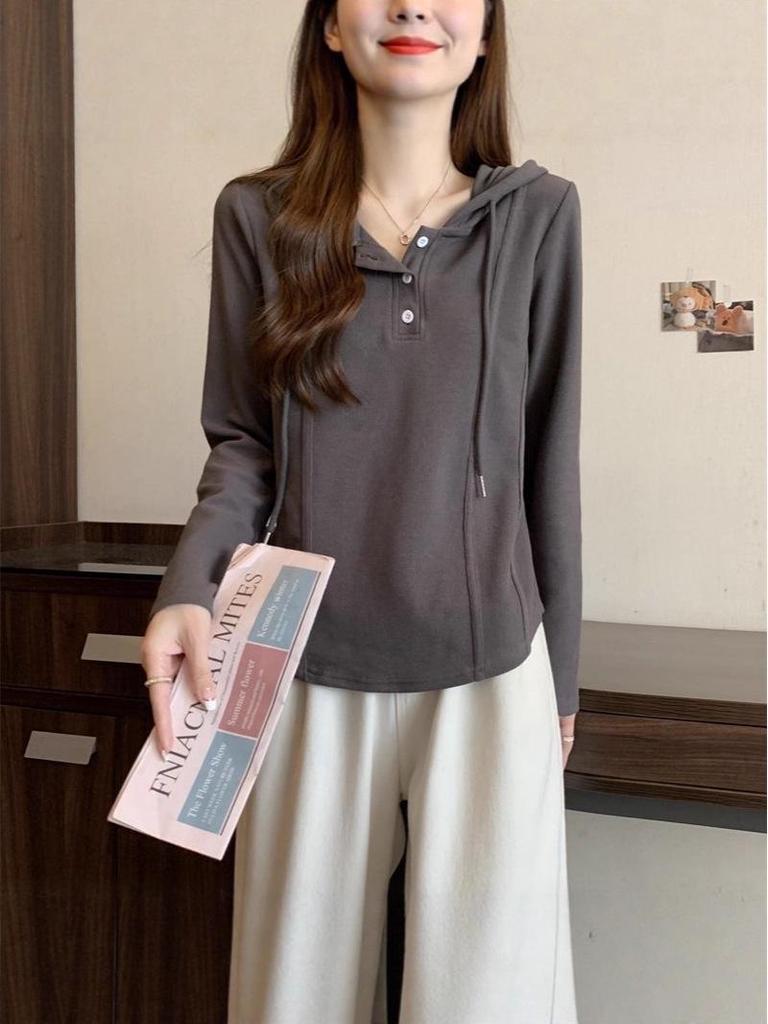 Korean Style Plus Size Hooded Cotton Long-Sleeve T-Shirt for Autumn/Winter - Fashionable Loose Fit Base Layer for Chubby Women