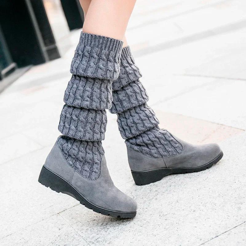 Damen Sockenstiefel 2024 Frühling Herbst Oberschenkelhohe Stiefel Frau Strick Webwolle Lange Stiefel Über Knie Elastische Stiefel Keile Bottes