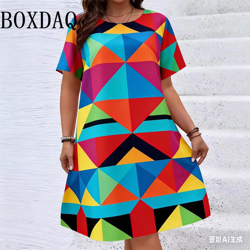 

Ethnic Style Pattern Geometry Flower Dresses For Women 2026 Summer Fashion Plus Size Short Sleeve Print Dress Casual Retro Loose 6XL