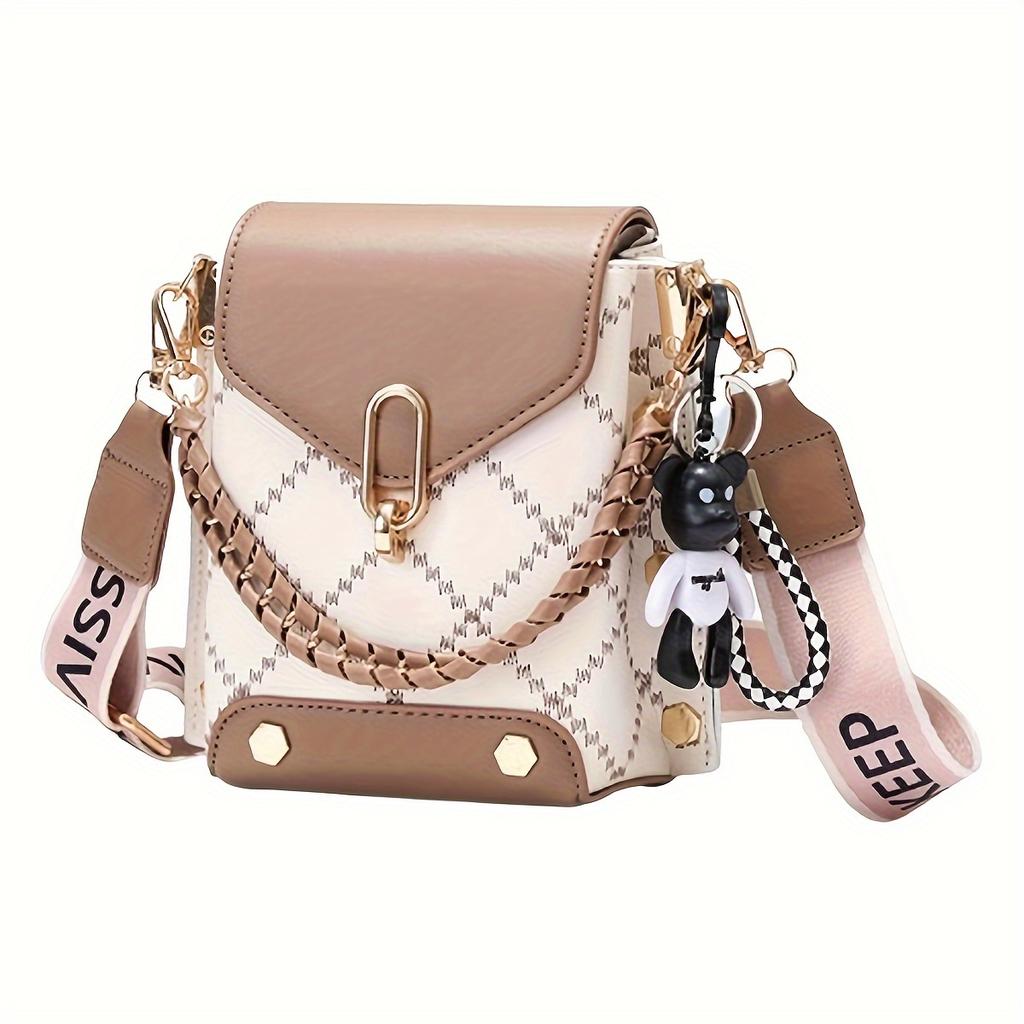 Mini bolsa transversal xadrez feminina com decoração em corrente, mini bolsa de ombro com aba, bolsa de ombro clássica com alça larga