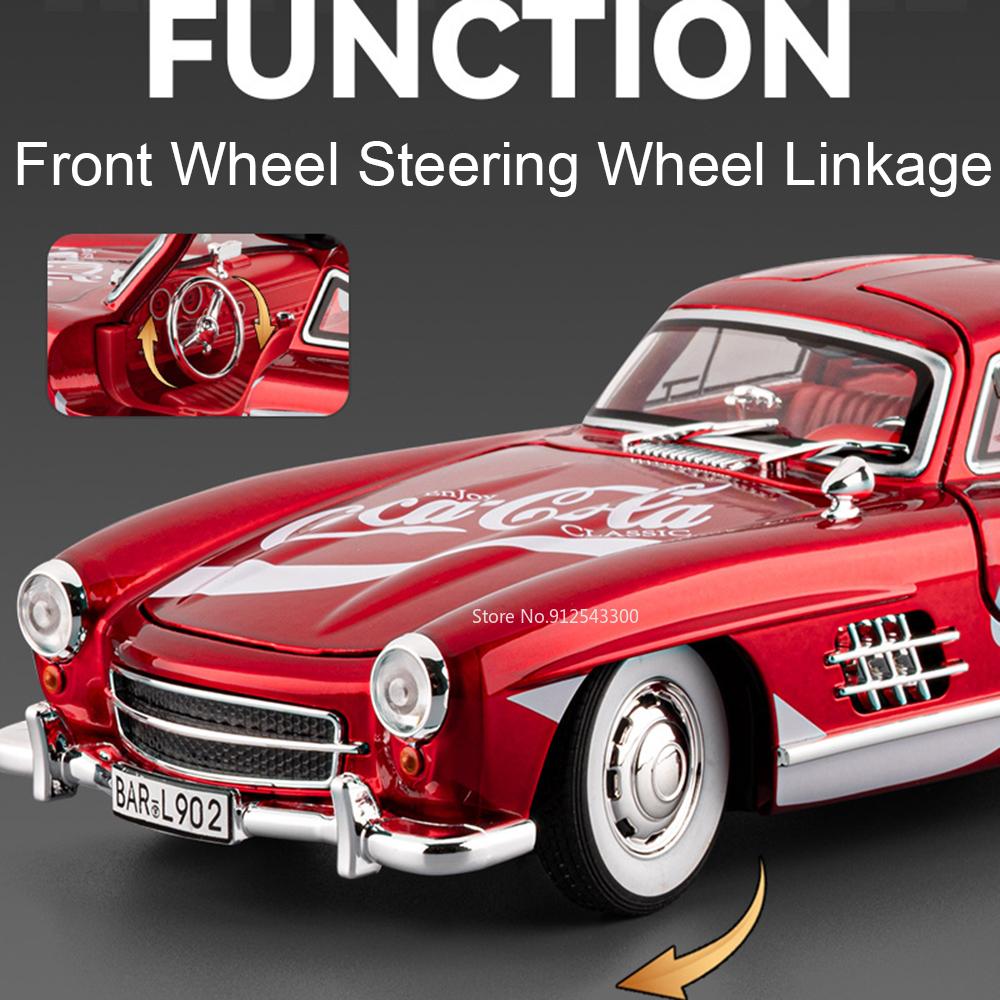 1:24 Scale 300SL 500K Vintage Car Toy Model Alloy Body Doors Opened Music Light Pull Back Vehicles Models Kids Hobby Gifts