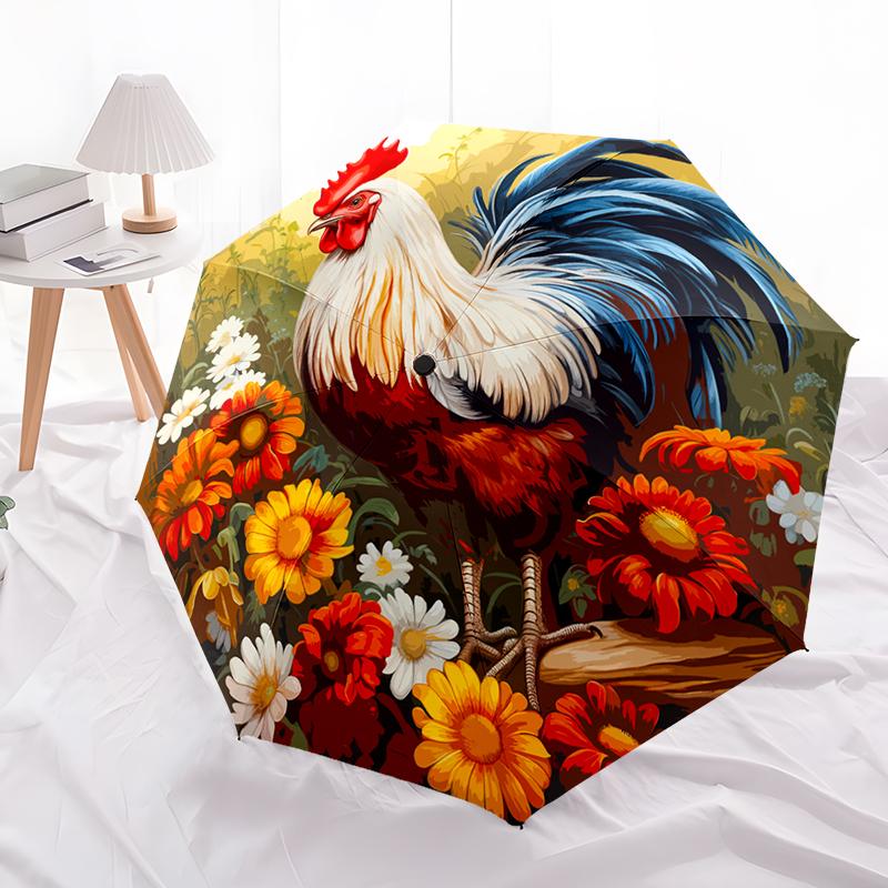 Rooster Theme Design Folding Umbrella-Fashionable Auto-Open Design 8 Iron Ribs Plastic Handle Foldable Sunshade,Perfect Gifts