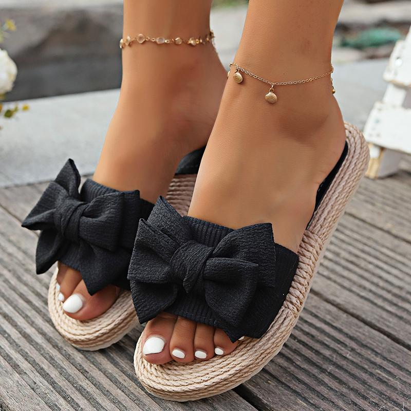 Fashion Women's Beige Bowknot Decor Flat Slippers Lightweight Non Slip Outdoor Beach Slides for Woman Comfort One Strap Casual Slippers