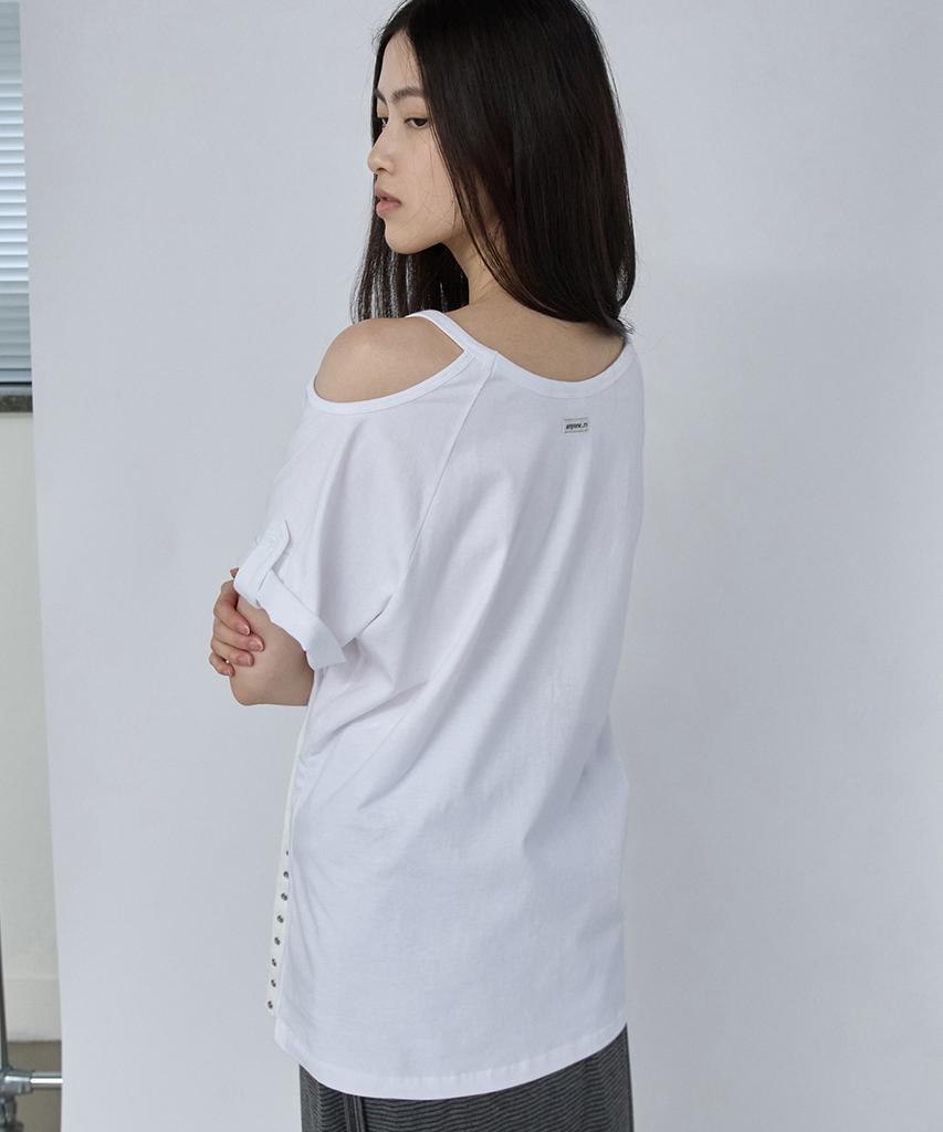 Lense One Shoulder Line Snap Tee White