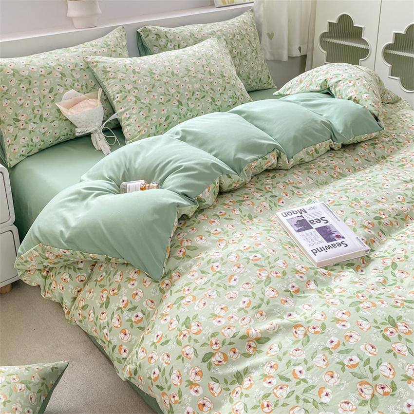 Korean Retro Floral Bedding Set 100% Washed Cotton Bed Sheets Set Soft Duvet Cover Bed Linen Pillowcase Single Double Queen King