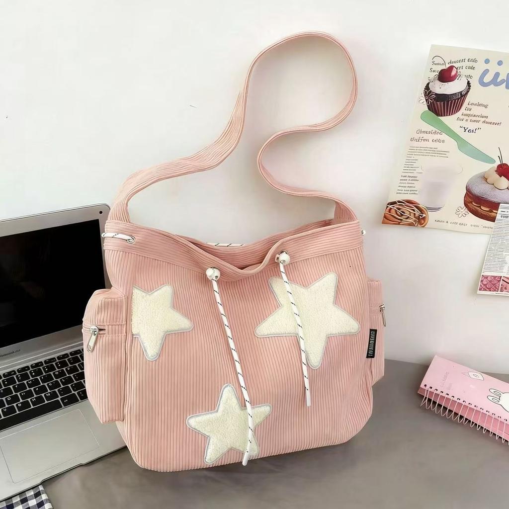 Women's Large Capacity Shoulder Bag Corduroy Five Pointed Star Crossbody Bag Versatile And Cute Student Mailman Bag Outward Commuting Tote Bag