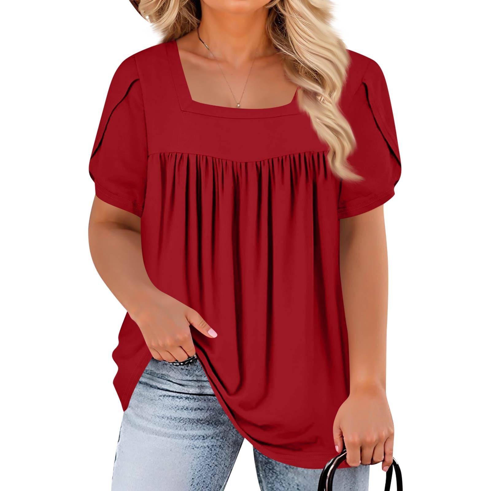 

Women s Fashion Casual Colour Square Neck Short Sleeve Large Size T-Shirt Top XL красный