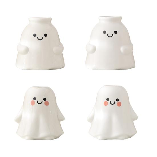 Ghost Shape Vase with Smile Face Pattern Ceramic Flower Planter Pot Nursery Room Bedroom Home White Decor