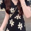 Elegant French Cinched Waist Black V-Neck Floral Summer Dress - Hepburn Style 2026