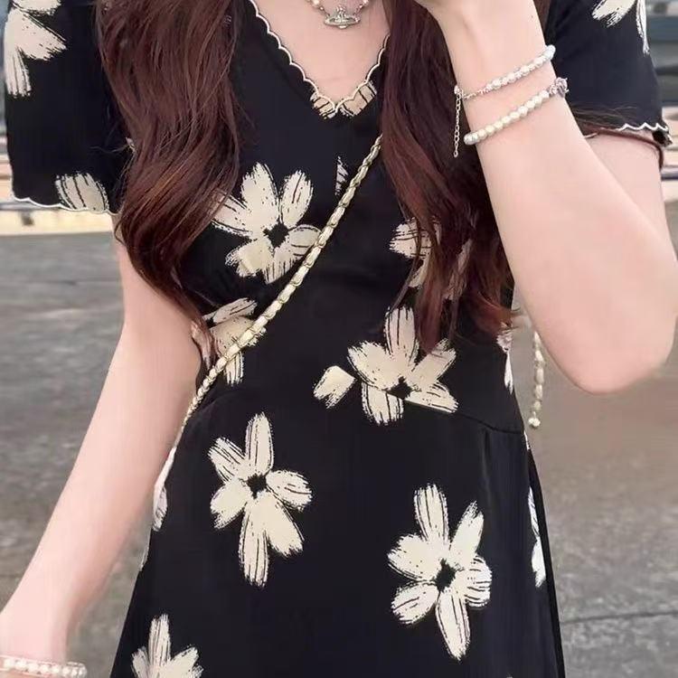 Elegant French Cinched Waist Black V-Neck Floral Summer Dress - Hepburn Style 2026