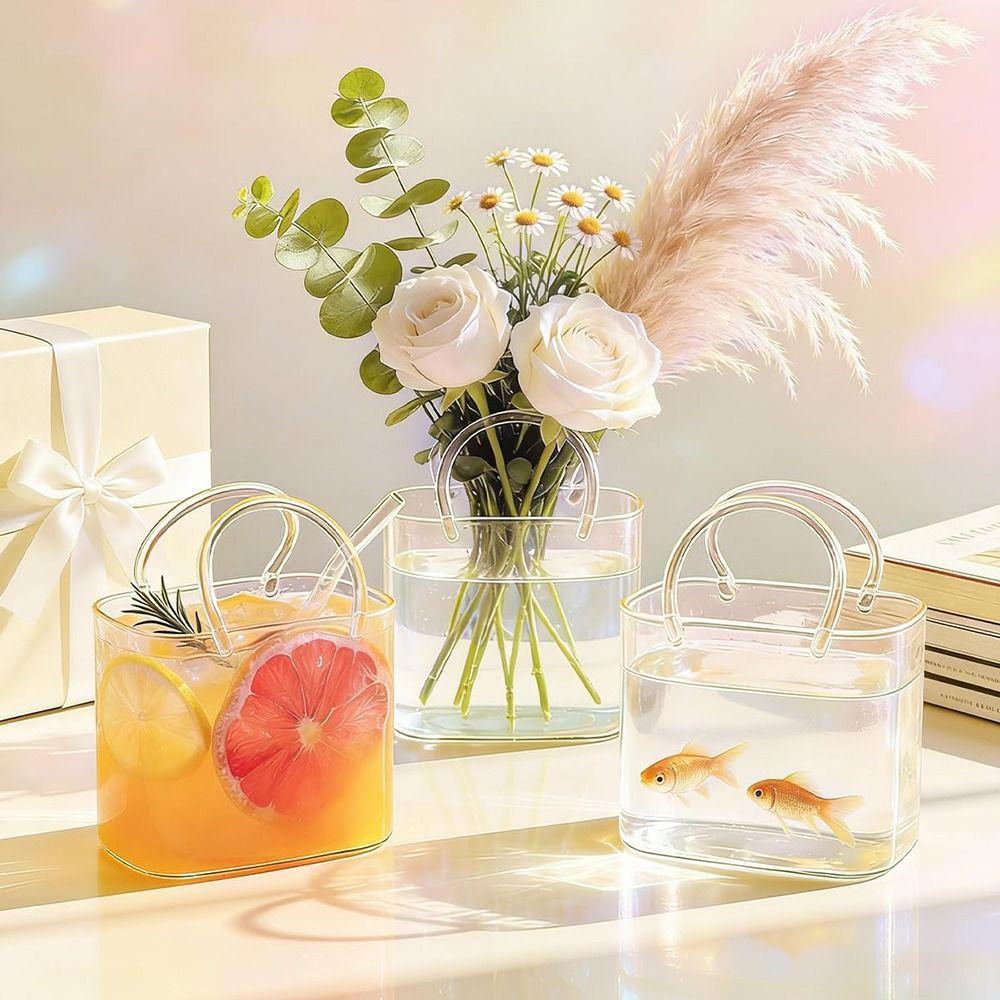 16oz Glass Purse Bag Clear Champagne Bucket Funny Juice Flowers Tea Cocktail Glass Cups With Straw Glass Vases Decor Party Gift