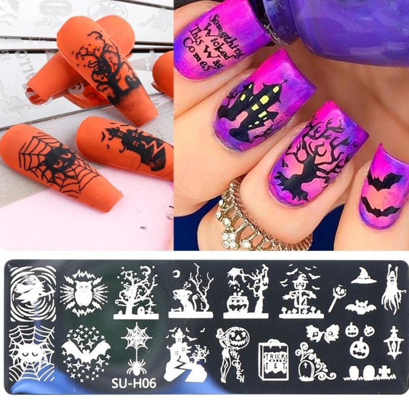 Halloween Nail Art Stamping Templates Kit 6 Pcs Nail Art for Image Plates Pumpkin Ghost Skull Bat Owl Spider Web Nail De
