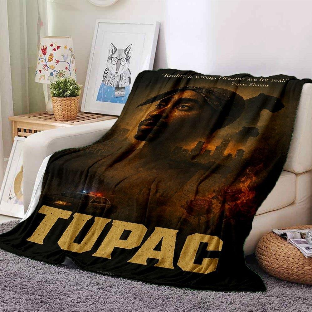 1pc 2PacHip Hop Blanket Soft Lightweight All Season Multi Purpose Throw for Sofa, Bed, Office & Picnics, French Style with Iconic Album Art & Quotes