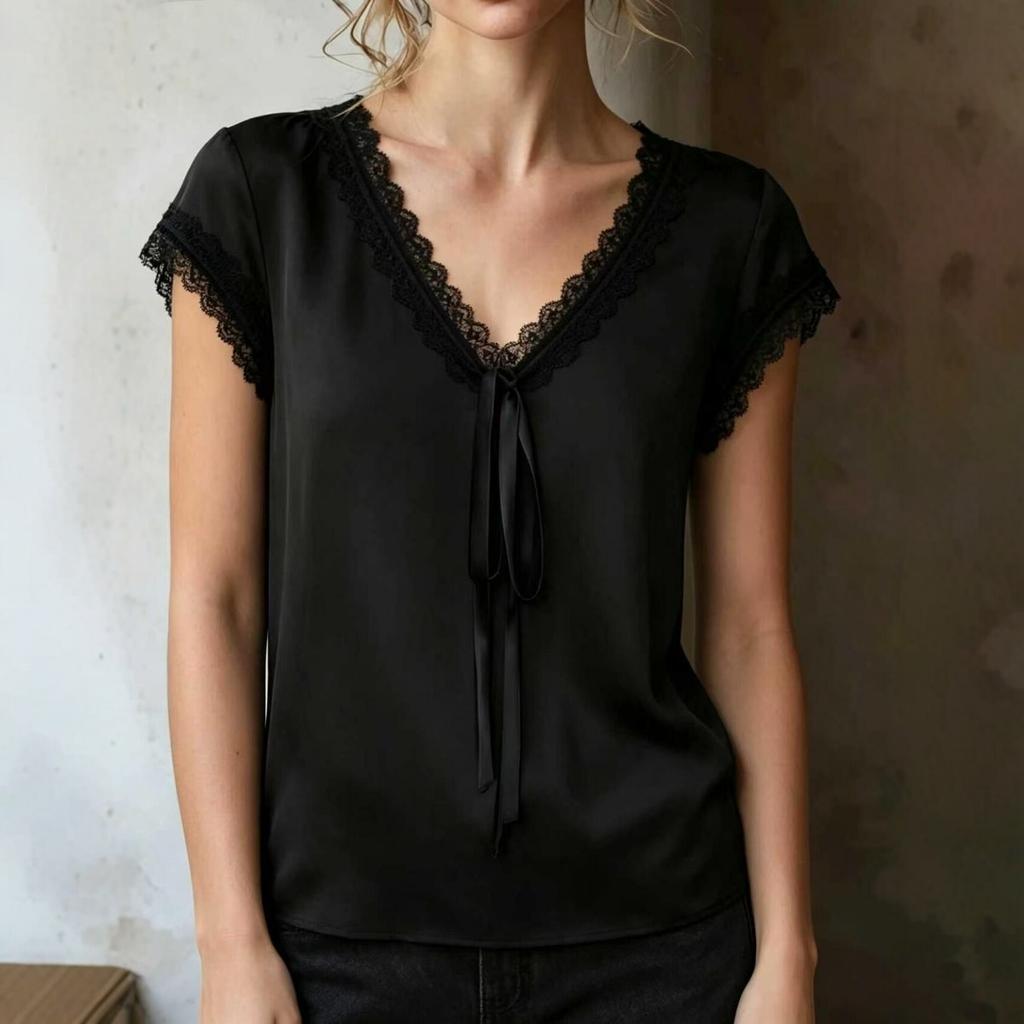 Sommer Damen Satinbluse, V-Ausschnitt Kurzarmhemd mit Spitzenbesatz & Bindeband, Europäische Amerikanische Mode Lässiges Oberteil
