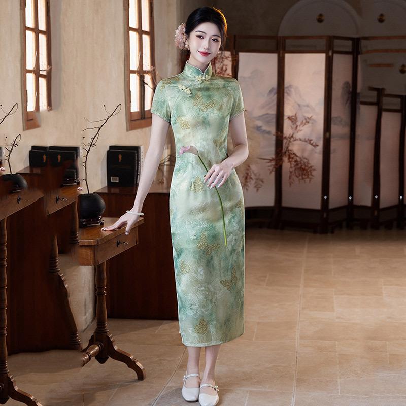 Green national style new Chinese long cheongsam improved young new women s retro short-sleeved catwalk summer M