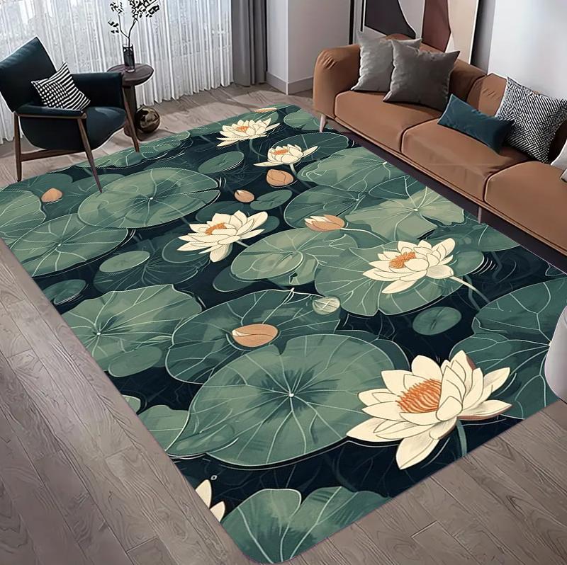 Green Lotus Leaf Area Rug Zen Floral Print Washable Non-Slip Carpet Floormat Doormat for Living Bedroom Idea for Meditation Yoga