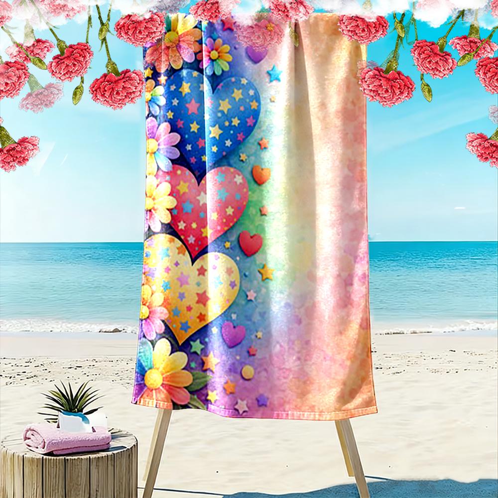 Colorful Hearts and Flowers Design Beach Towel Quick-drying for Travel Outdoor Sports Jogging Beach and Swimming