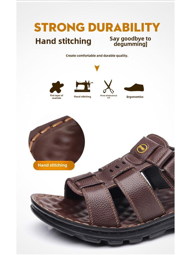 Men's Genuine Leather Non-Slip Beach Sandals - Casual, Breathable, Versatile Summer Shoes for Middle-Aged and Elderly.
