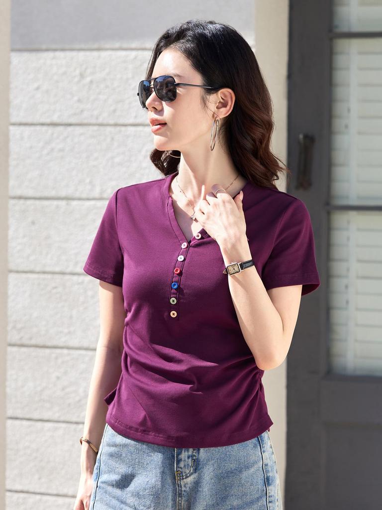 2026 Slim-Fit Short-Sleeve T-Shirt with Colorful Buttons - Korean Style Slimming, Versatile, and Sweet Women's Summer Top