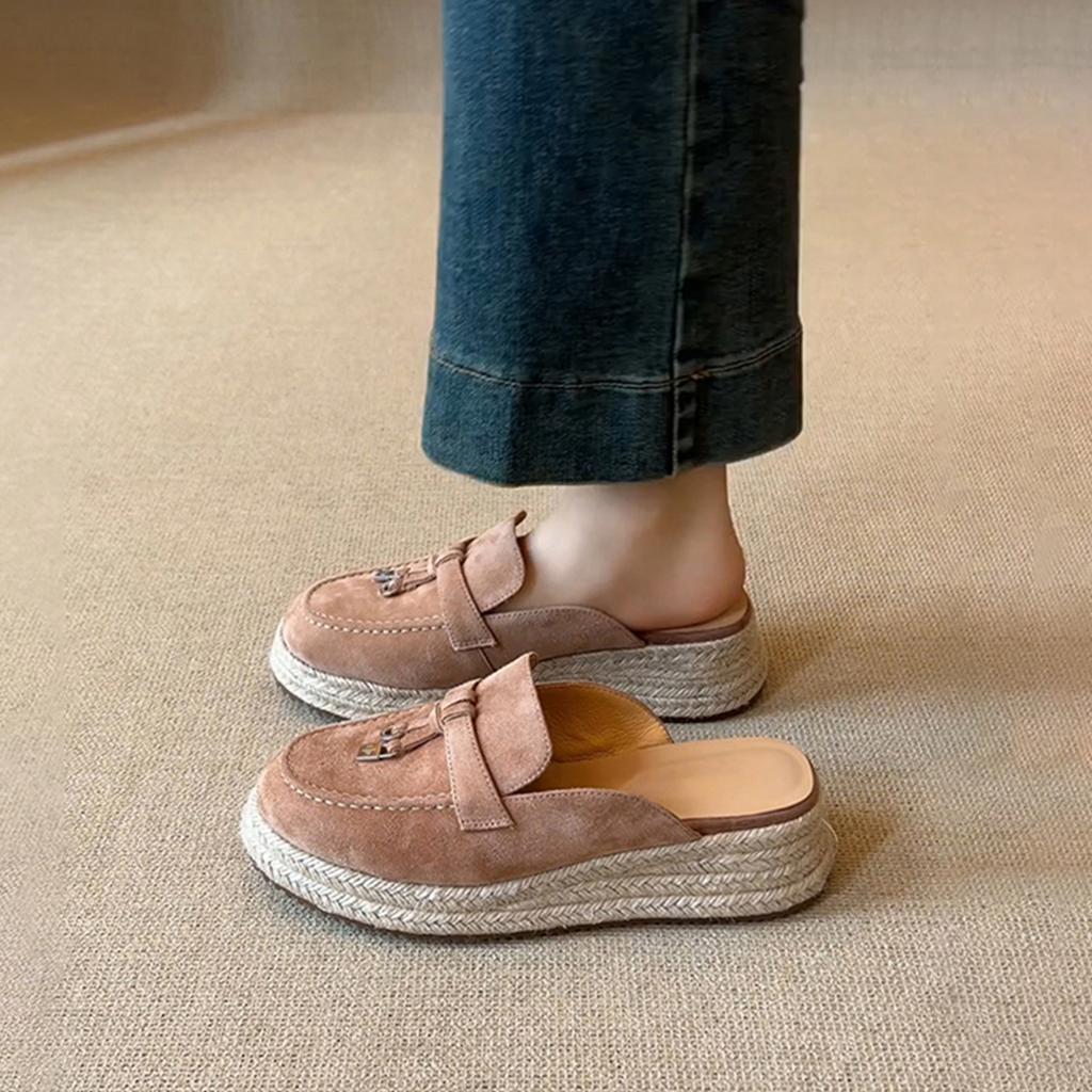Sheepskin version~ retro thick-soled straw woven one-pedal convenient bag head shoes women's metal lock round head suede half slippers