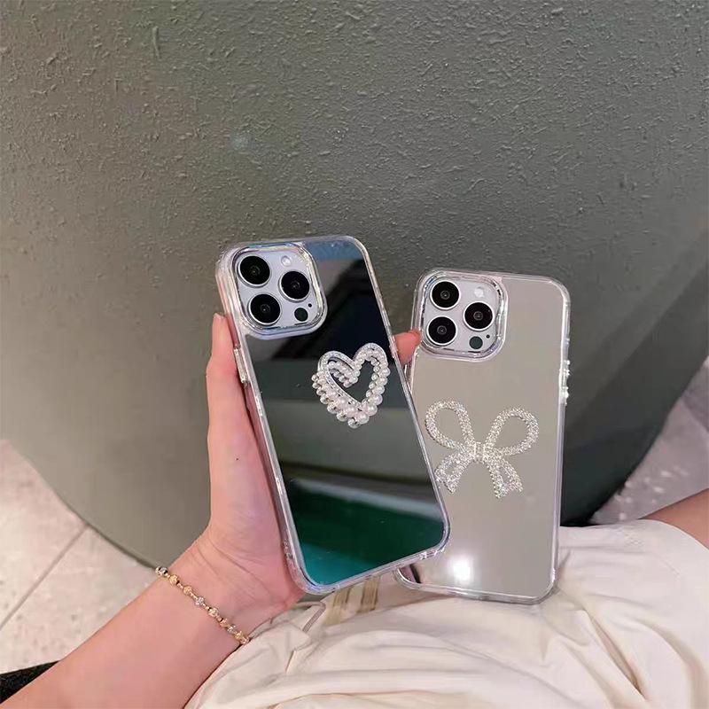 Mirror Phone Case for Apple 17 Promax Rhinestone Love Bow for IPhone 14 Cosmetic Mirror 13