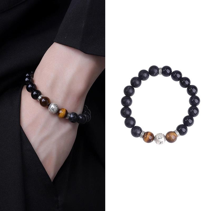

Natural obsidian map stone sterling silver bracelet for couples, new Chinese style six-character mantra fortune bead traditional Chinese culture Obsidian10mm-Black turquo