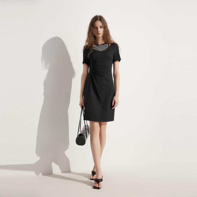 ELLE High-End Color Block Striped Round Neck Short Sleeve Dress Women dresses Black EL48237