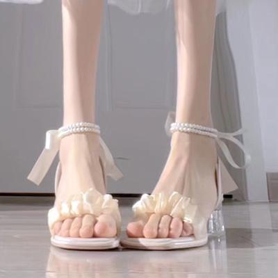 Cross Tie Sandals, Women's Thick Heels, 2023 Summer New Pearl Ribbon Open Toe One Line Open Toe High Heels