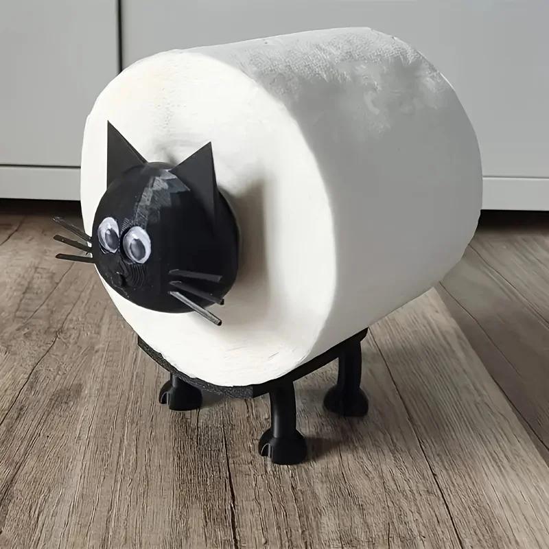 3D Printed Cat Toilet Paper Holder, Funny Black Sheep Freestanding Tissue Roll Stand with Self-Adhesive for Bathroom Decor