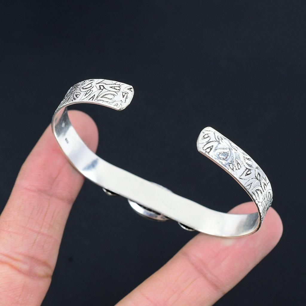 Gift For Her Natural Rose Quartz Bangle Crescent Moon Adjustable 925 Silver