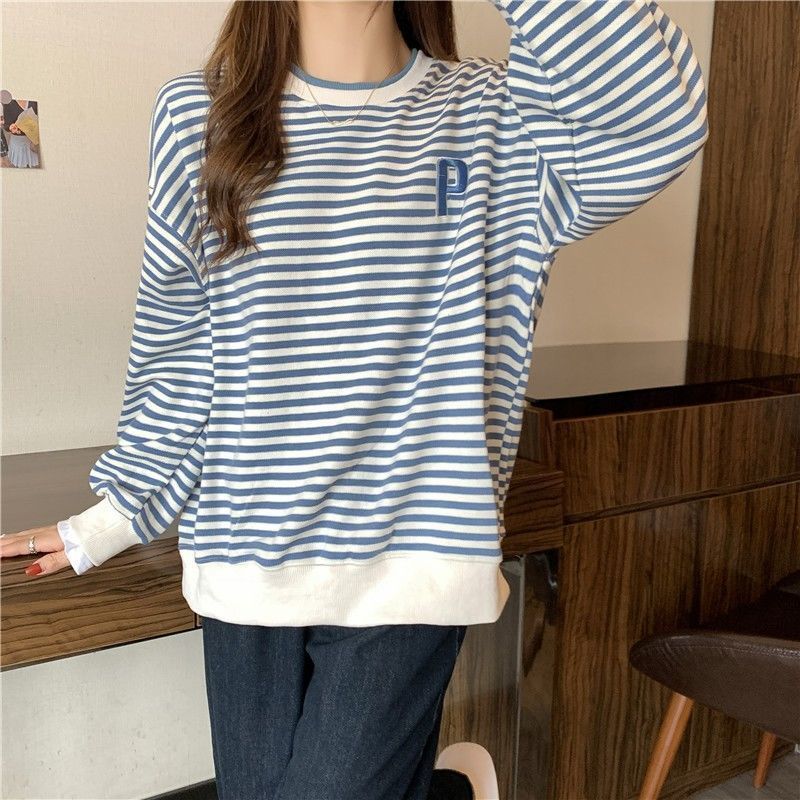 Long Sleeve Striped Hoodie Women Loose Casual Lazy Style Top