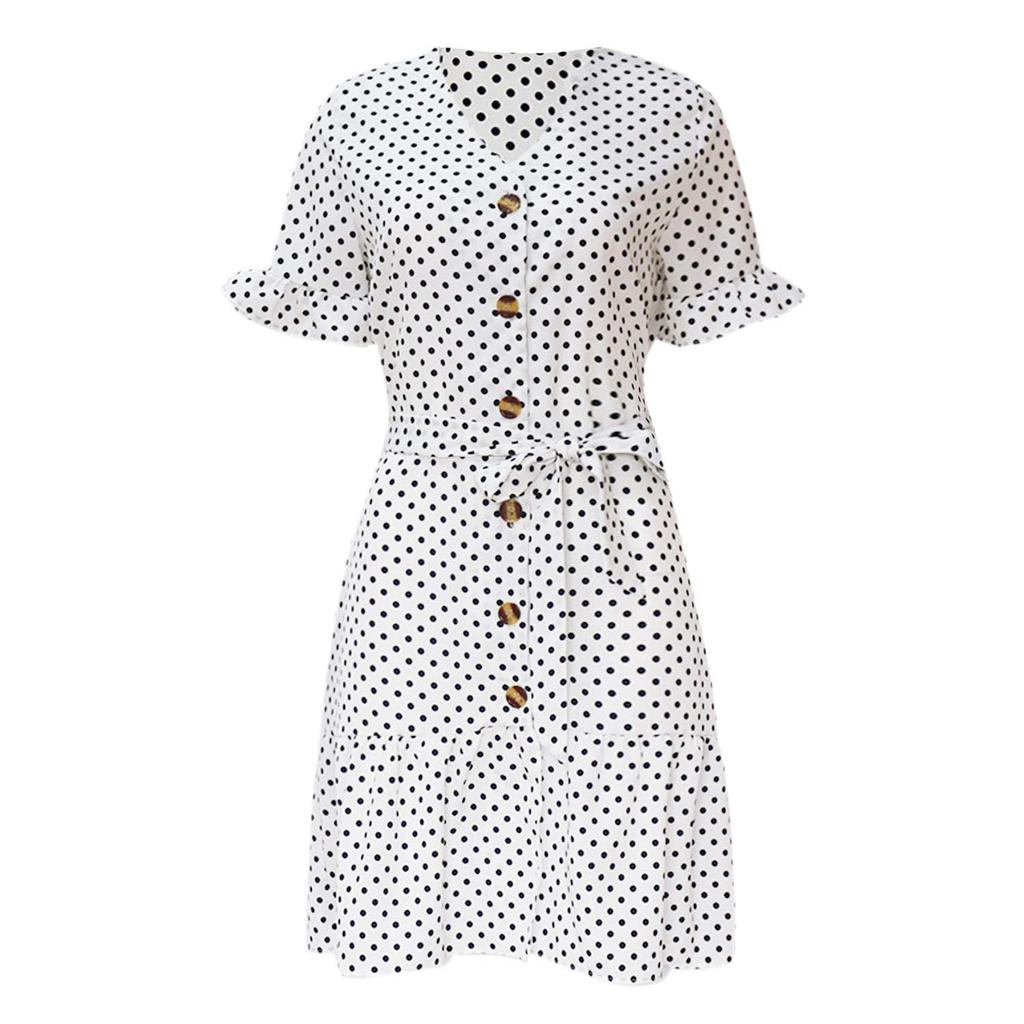 Short Polka Dot Dresses for Women V Neck Ruffles Button-Down Mini Summer Dress
