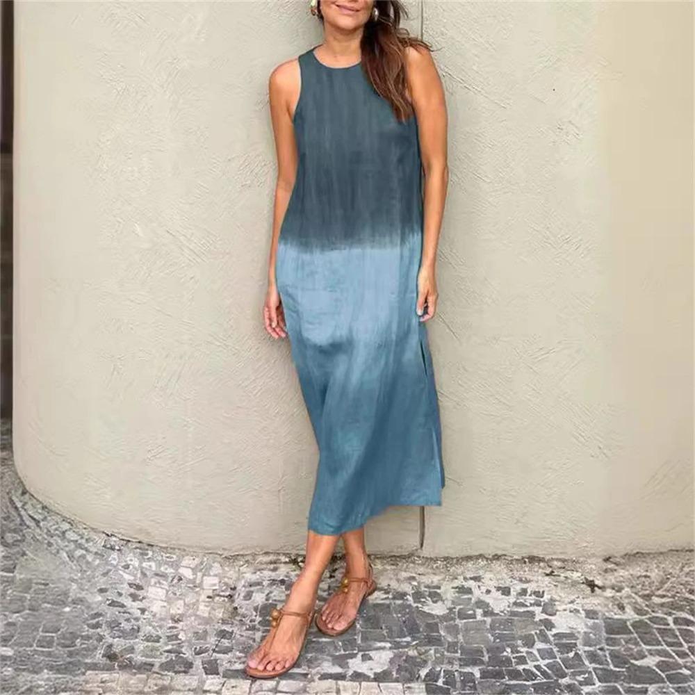 

Women s Dress 2026 Summer Boho Dresses Vintage Linen Sleeveless Dress Gradient Loose O Neck Print Vestidos Beach Holiday S
