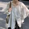 Ramie Slightly Sheer White Cover-up for Women, Summer Lace Tie, Loose Lantern Sleeve Shirt, Thin Sun-protective French Top
