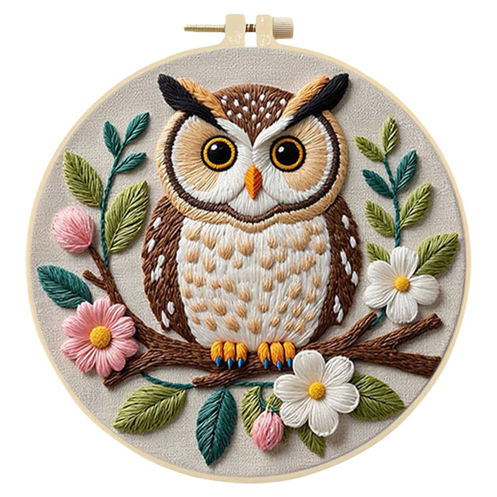 DIY Night Owl Stamped Embroidery Starter Kit with Bamboo Hoop Complete Needlework Craft Kit for Beginners Adults Craft Lover