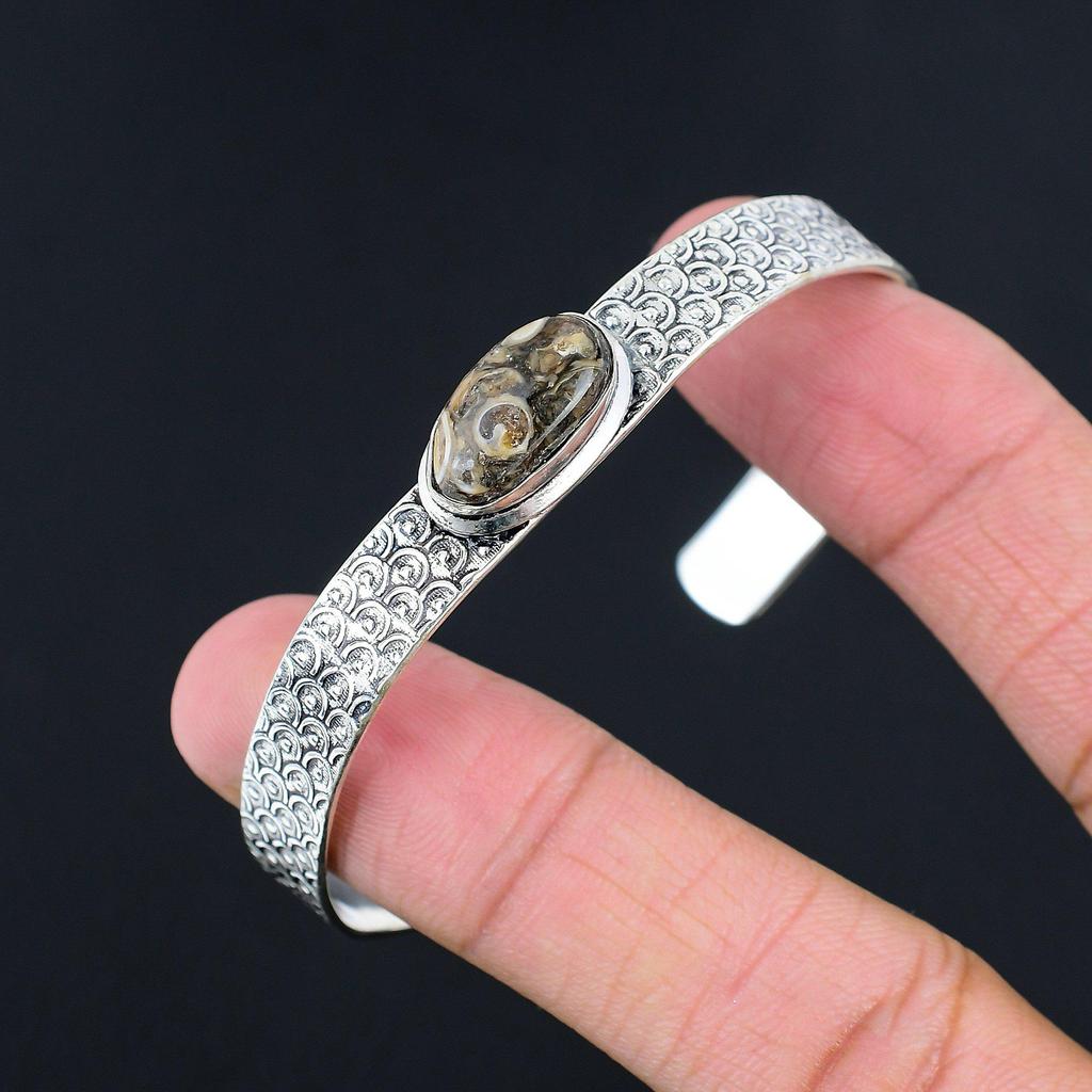 925 Silver Oval Natural Turritella Agate Ethnic Trendy Wife New Bangle Jewelry