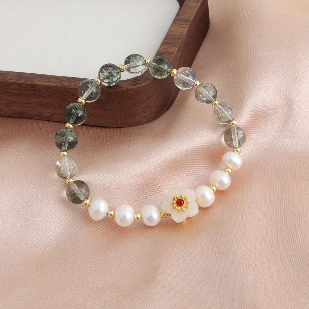Natural freshwater pearl powder crystal aquamarine crystal bracelet peach blossom hand jewelry bracelet small fresh jewelry